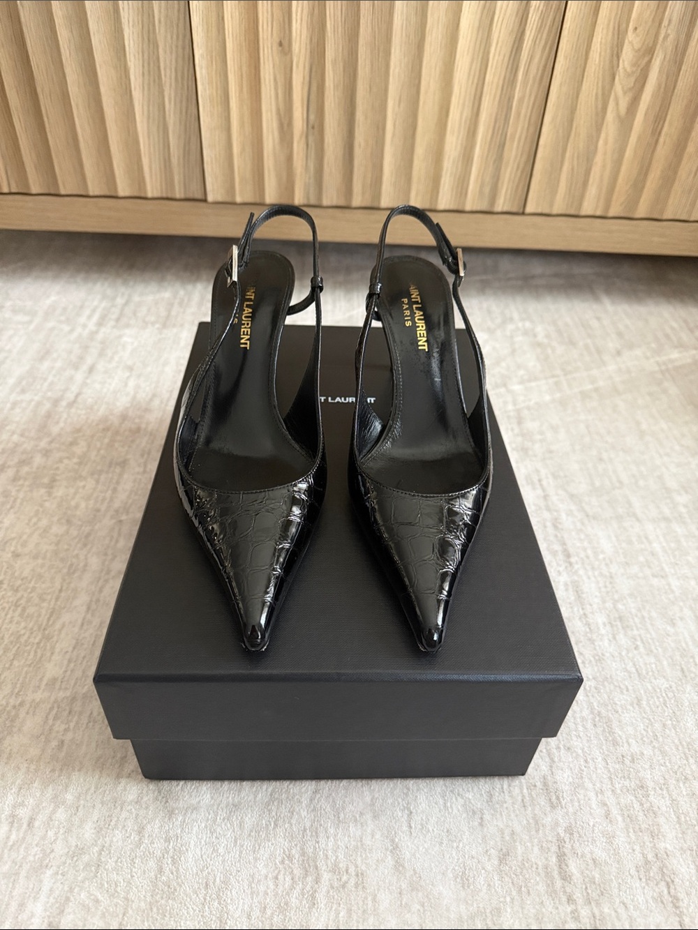 Saint Laurent Black Croc-Embossed Slingback Pumps with Pointed Toe Sz 36